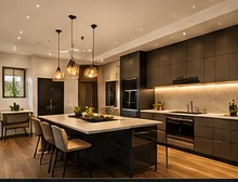 Illustrative modern luxury kitchen with pendant lighting and a central island